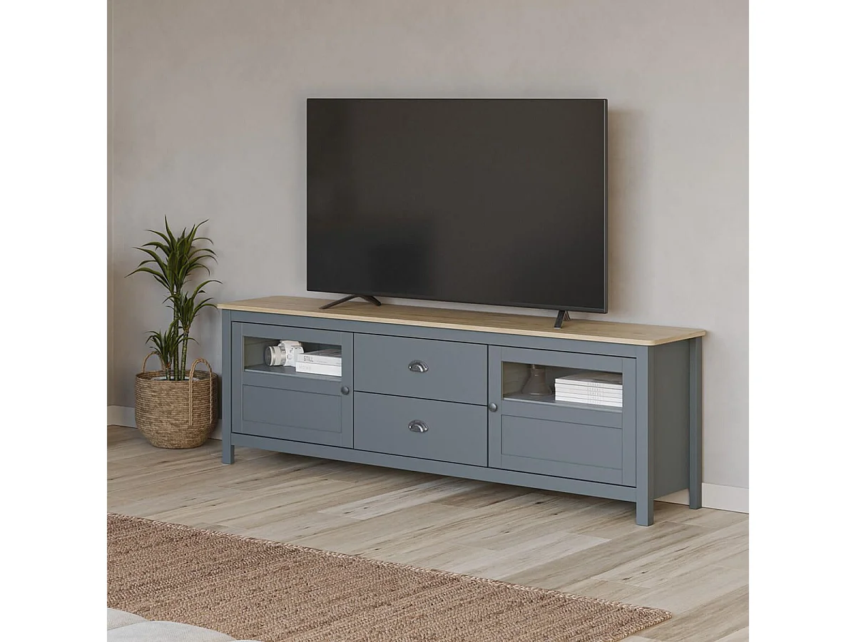 MASK - Meuble TV 2 Portes semi vitrées 2 Tiroirs en Pin Massif Naturel et Vert Céladon