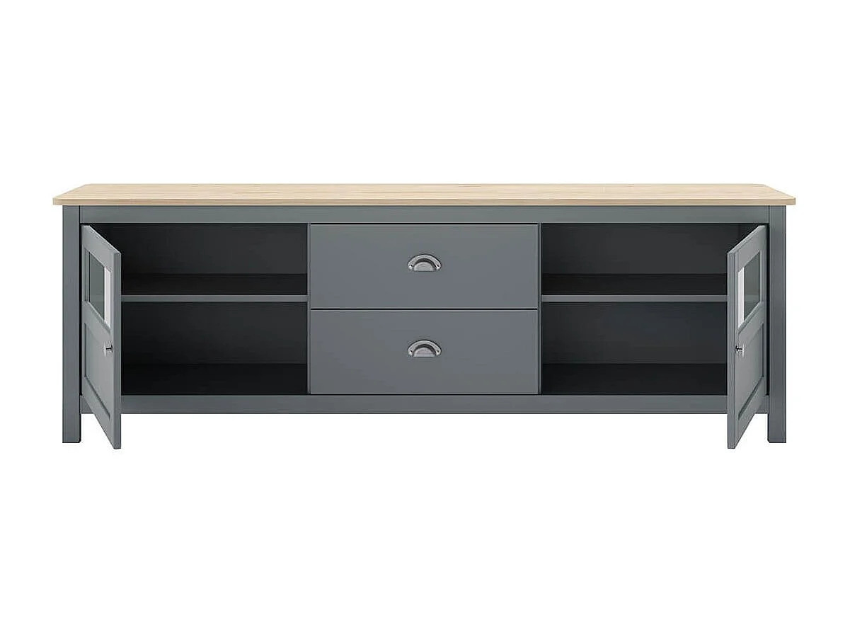 MASK - Meuble TV 2 Portes semi vitrées 2 Tiroirs en Pin Massif Naturel et Vert Céladon