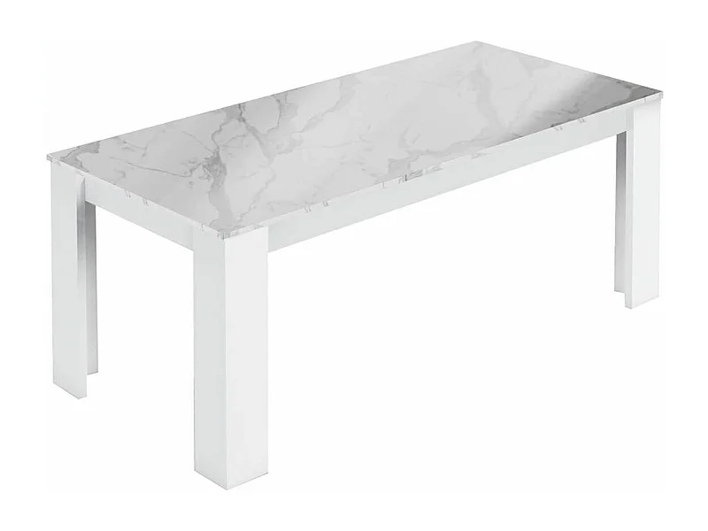 CHRIS WHITE - Table Repas Laquée Blanc Brillant Plateau Imitation Marbre