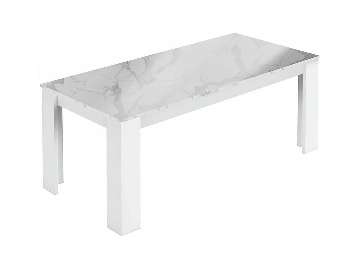 CHRIS WHITE - Table Repas Laquée Blanc Brillant Plateau Imitation Marbre