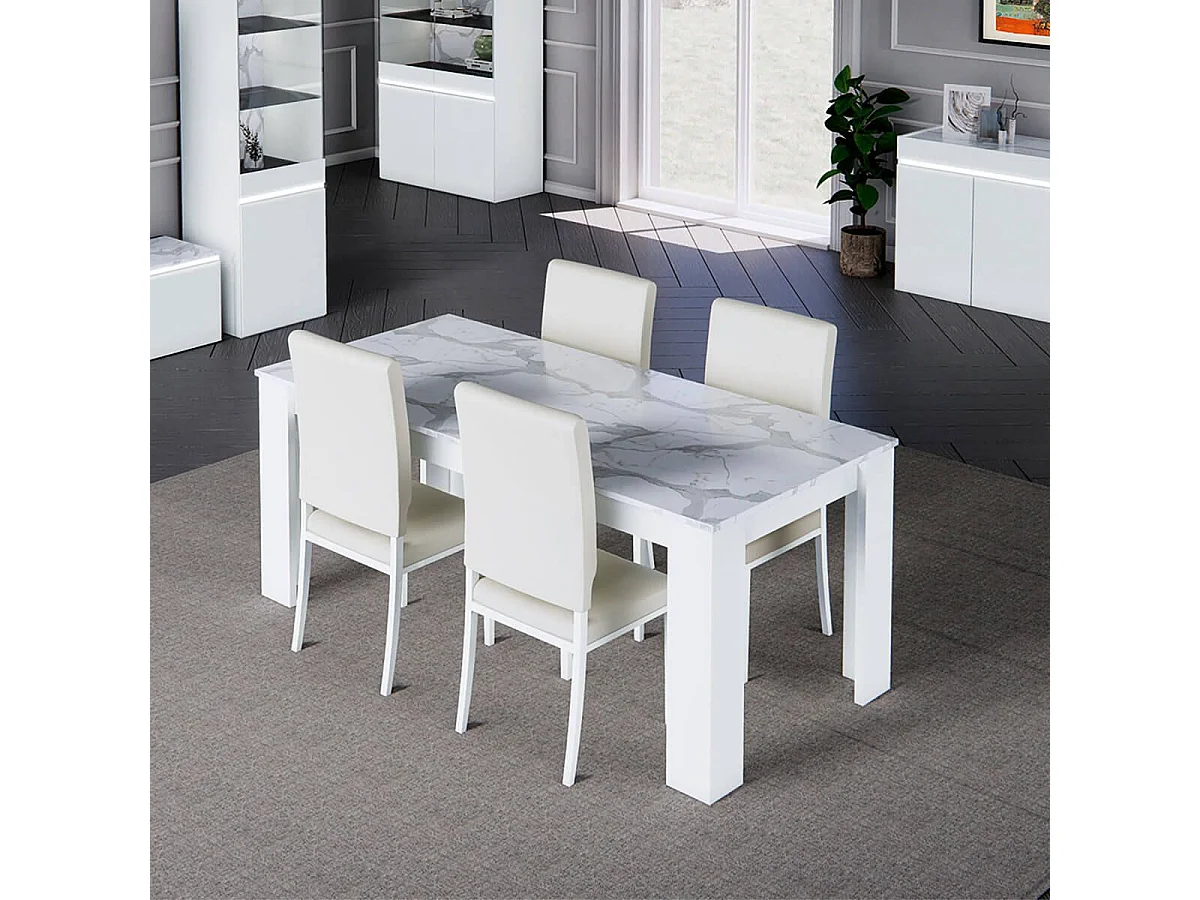 CHRIS WHITE - Table Repas Laquée Blanc Brillant Plateau Imitation Marbre