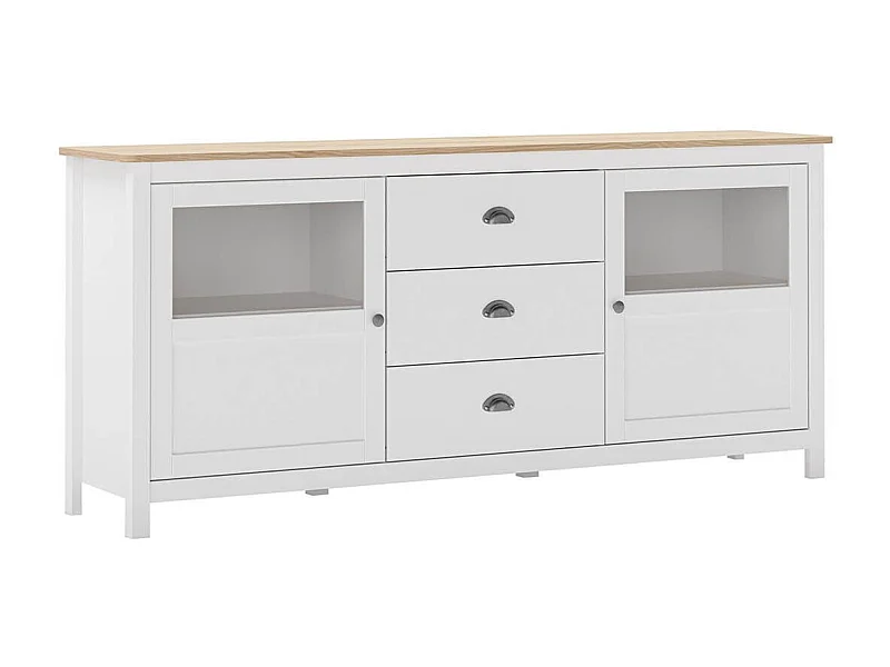 MASK - Buffet 2 Portes semi vitrées 3 Tiroirs en Pin Massif Naturel et Blanc