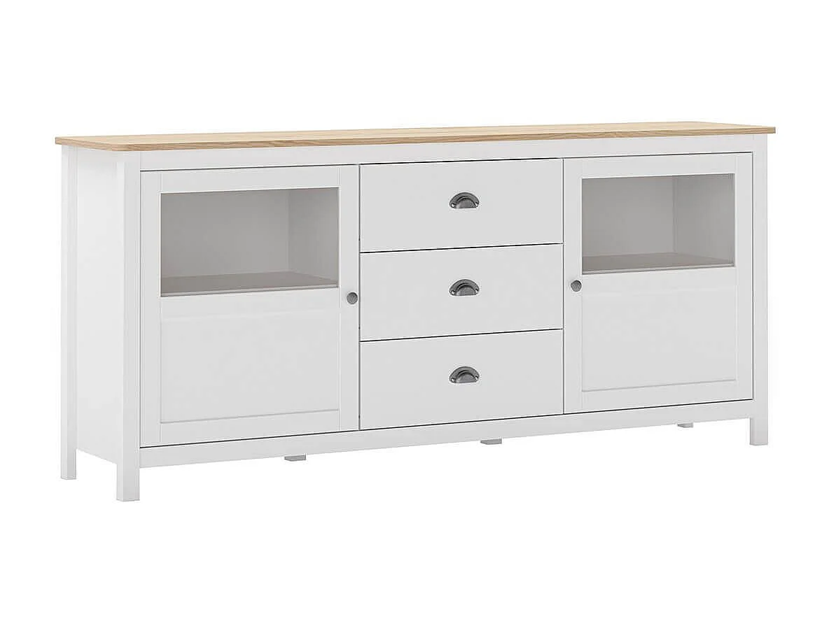 MASK - Buffet 2 Portes semi vitrées 3 Tiroirs en Pin Massif Naturel et Blanc