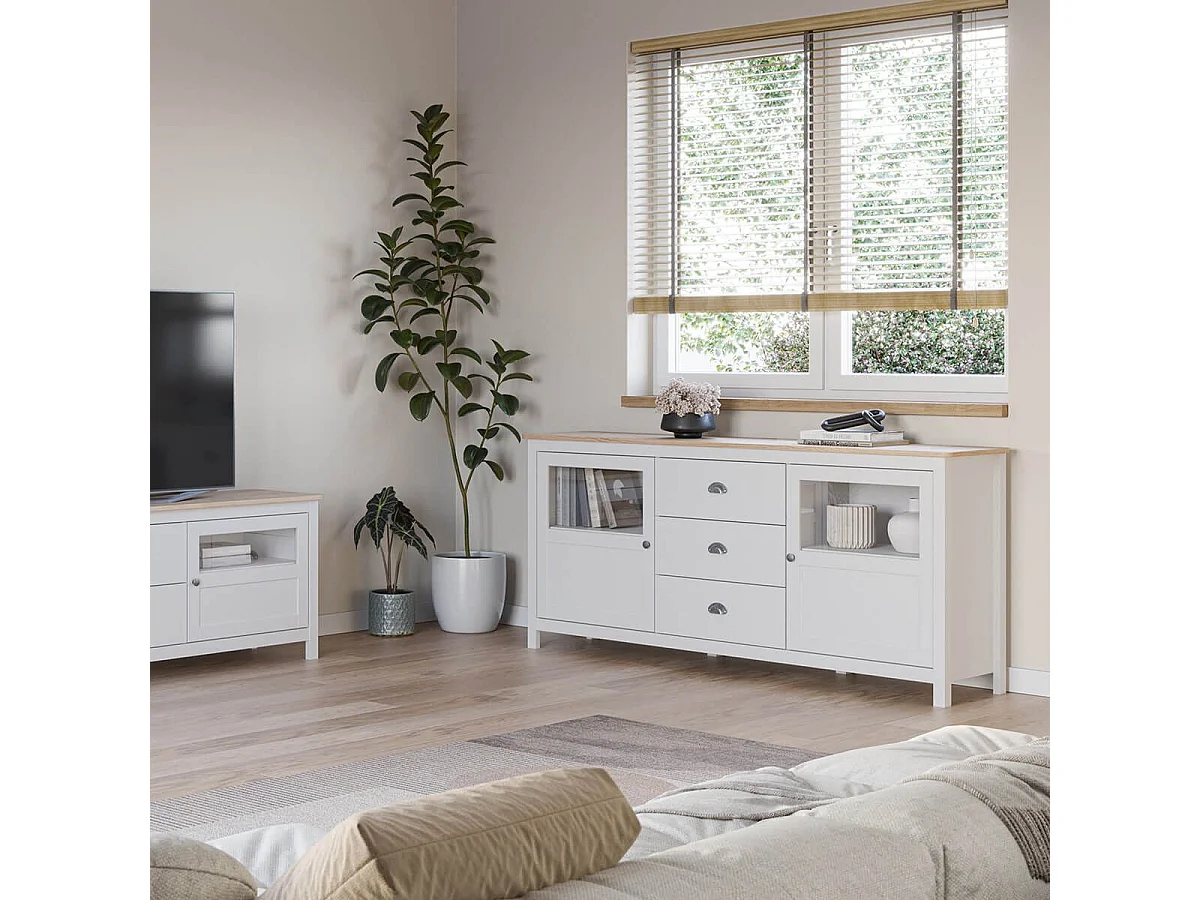 MASK - Buffet 2 Portes semi vitrées 3 Tiroirs en Pin Massif Naturel et Blanc