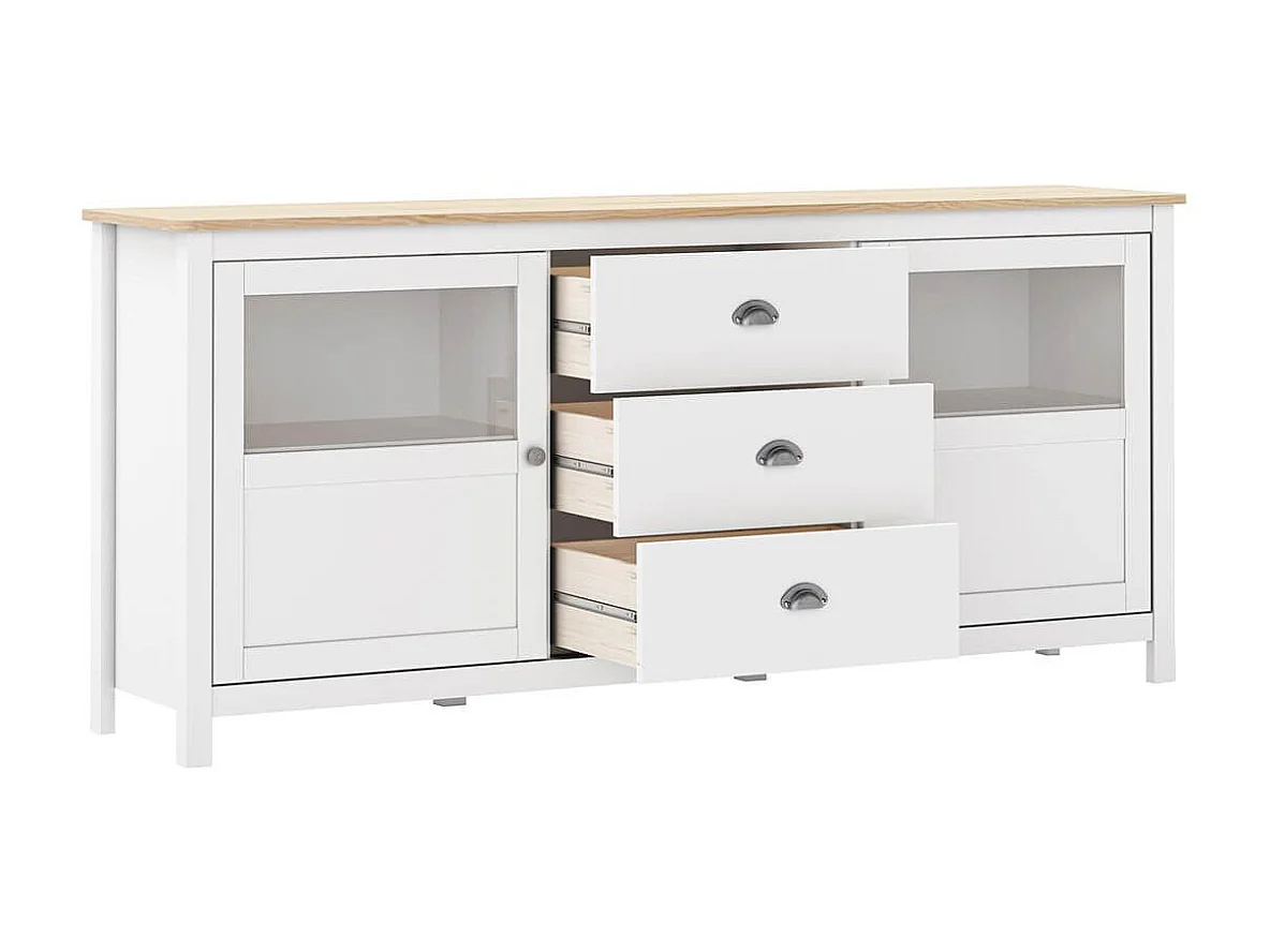 MASK - Buffet 2 Portes semi vitrées 3 Tiroirs en Pin Massif Naturel et Blanc