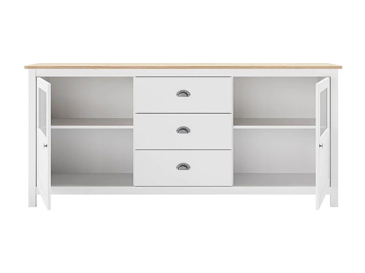 MASK - Buffet 2 Portes semi vitrées 3 Tiroirs en Pin Massif Naturel et Blanc