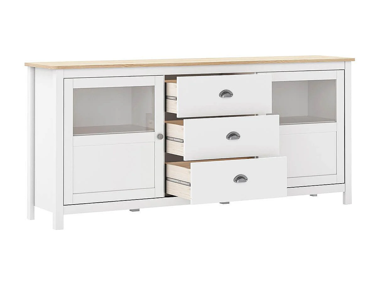 MASK - Buffet 2 Portes semi vitrées 3 Tiroirs en Pin Massif Naturel et Blanc