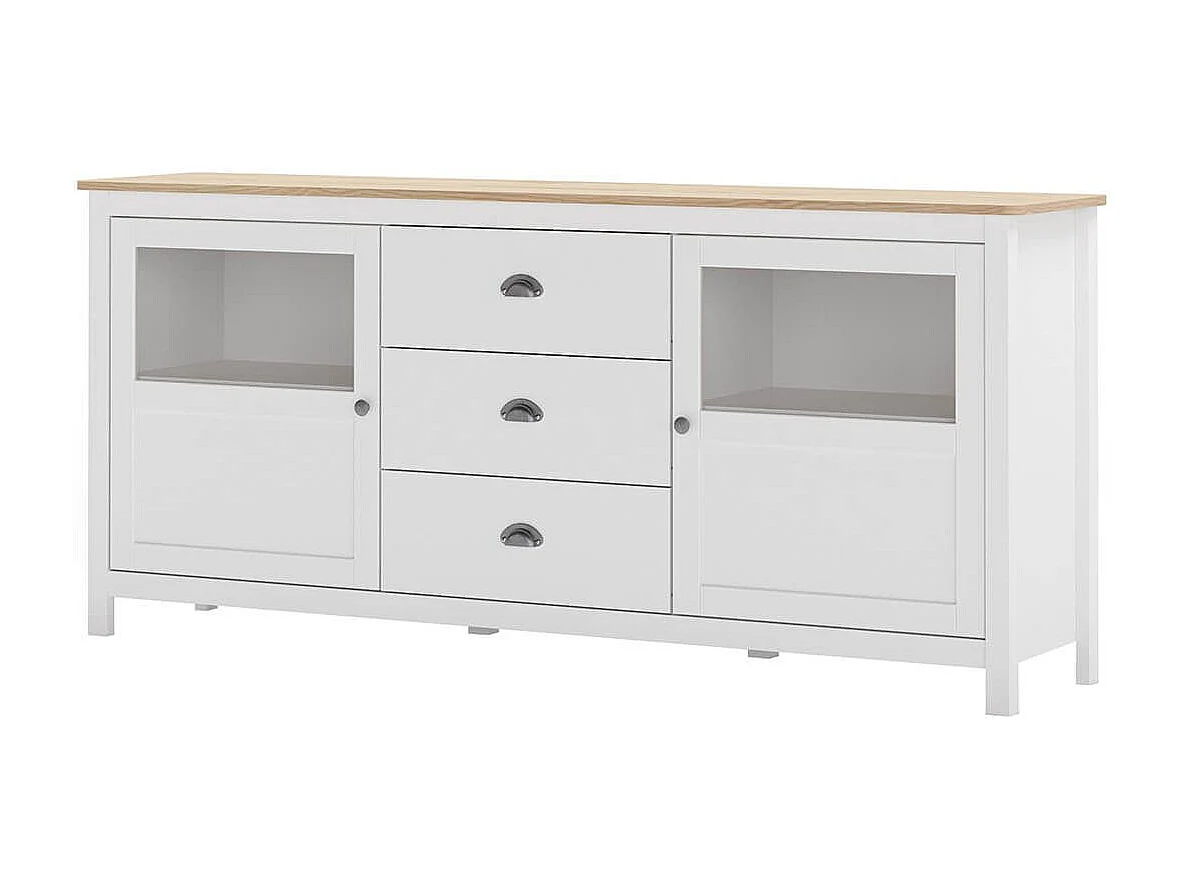 MASK - Buffet 2 Portes semi vitrées 3 Tiroirs en Pin Massif Naturel et Blanc