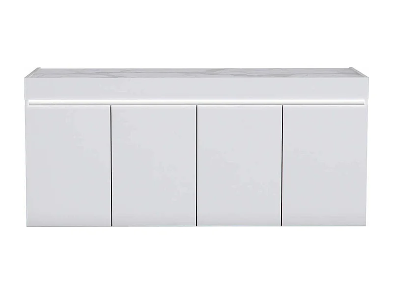 CHRIS WHITE - Buffet 4 Portes Laqué Blanc Brillant Plateau Imitation Marbre avec Led