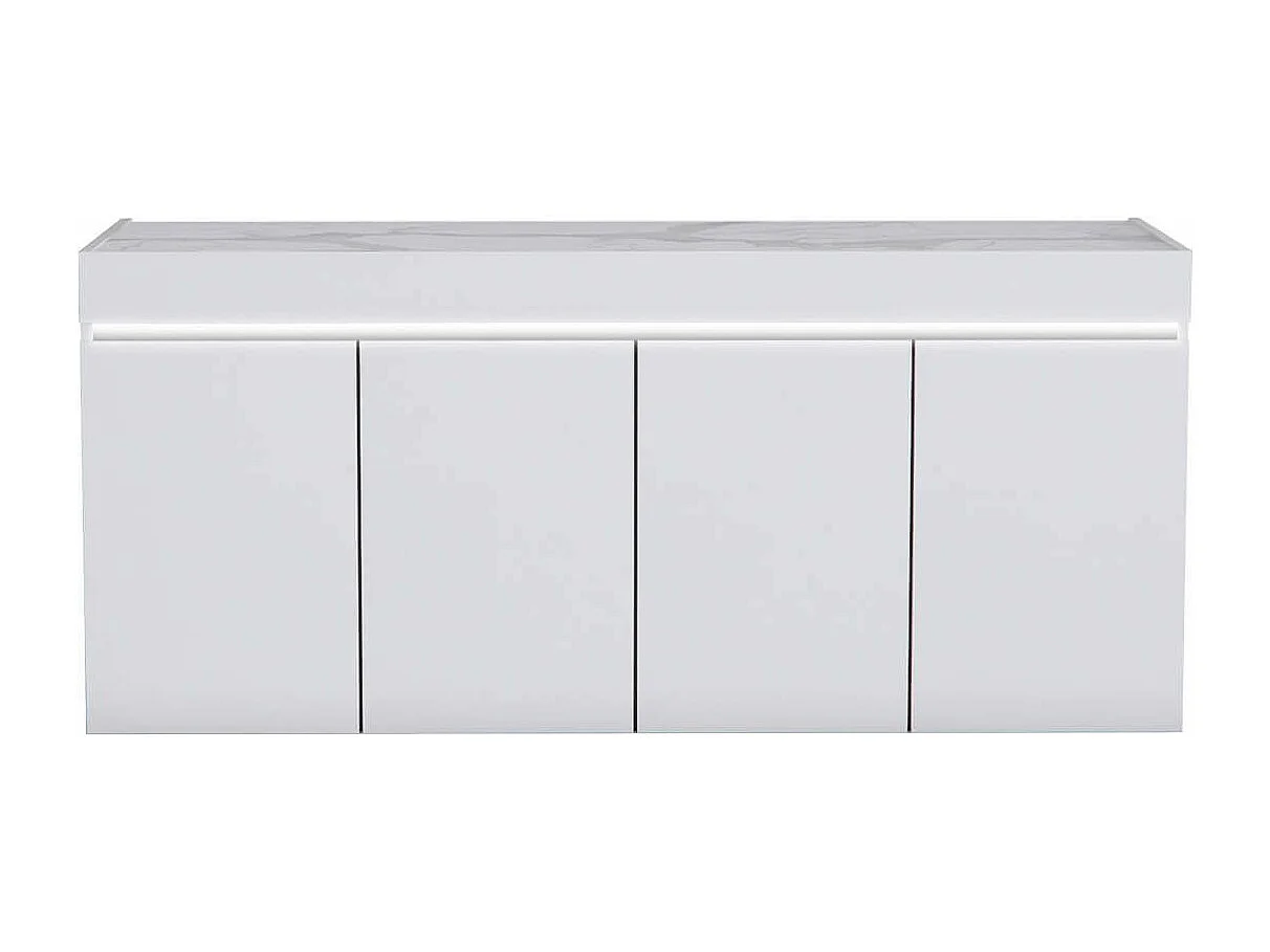 CHRIS WHITE - Buffet 4 Portes Laqué Blanc Brillant Plateau Imitation Marbre avec Led
