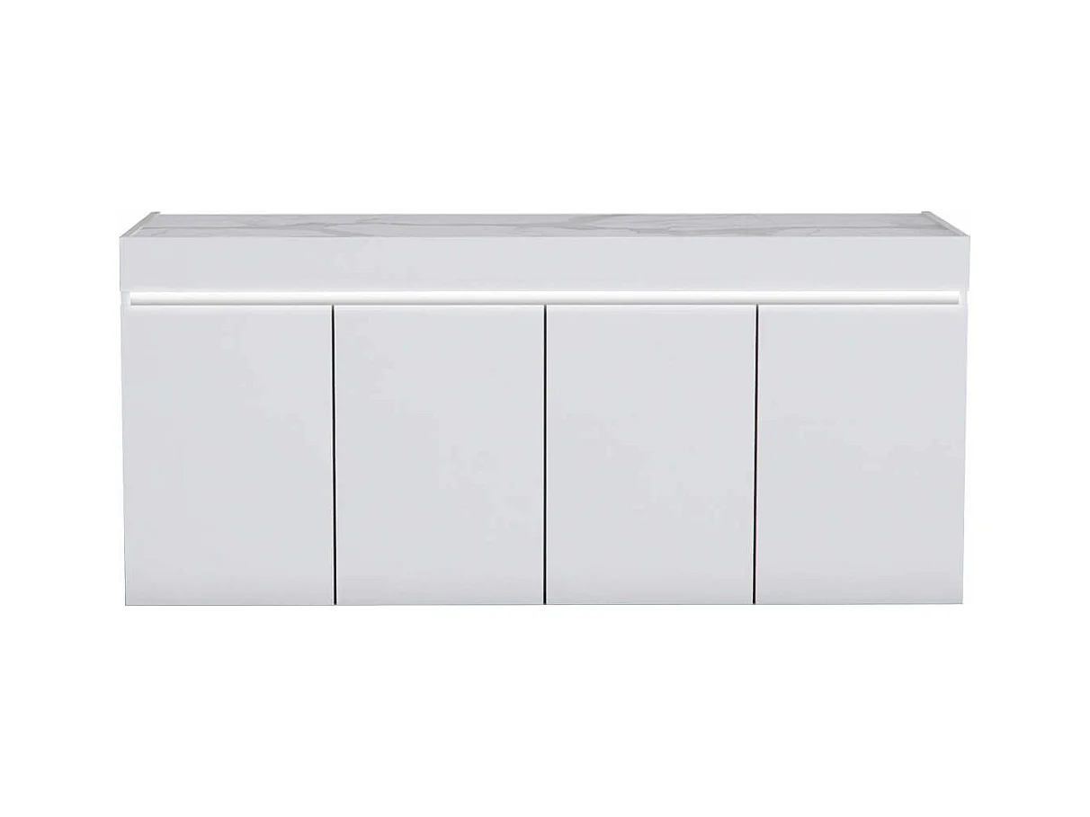 CHRIS WHITE - Buffet 4 Portes Laqué Blanc Brillant Plateau Imitation Marbre avec Led