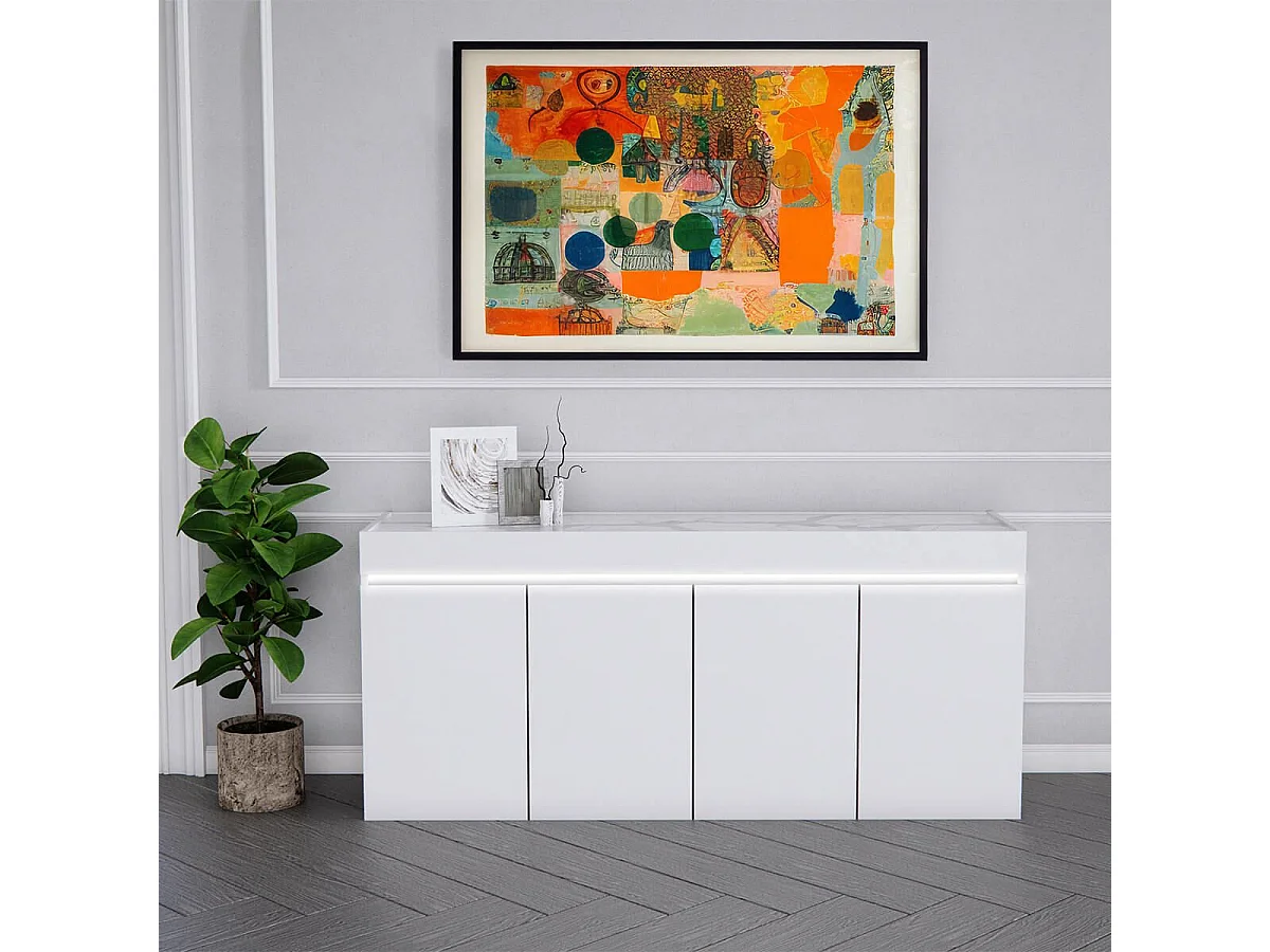 CHRIS WHITE - Buffet 4 Portes Laqué Blanc Brillant Plateau Imitation Marbre avec Led