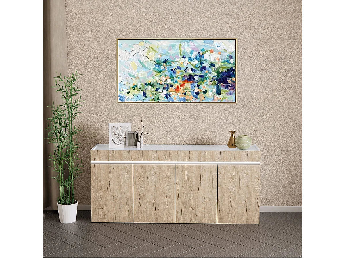 CHRIS OAK - Buffet 4 Portes Laqué Blanc Brillant et Aspect Bois avec Led