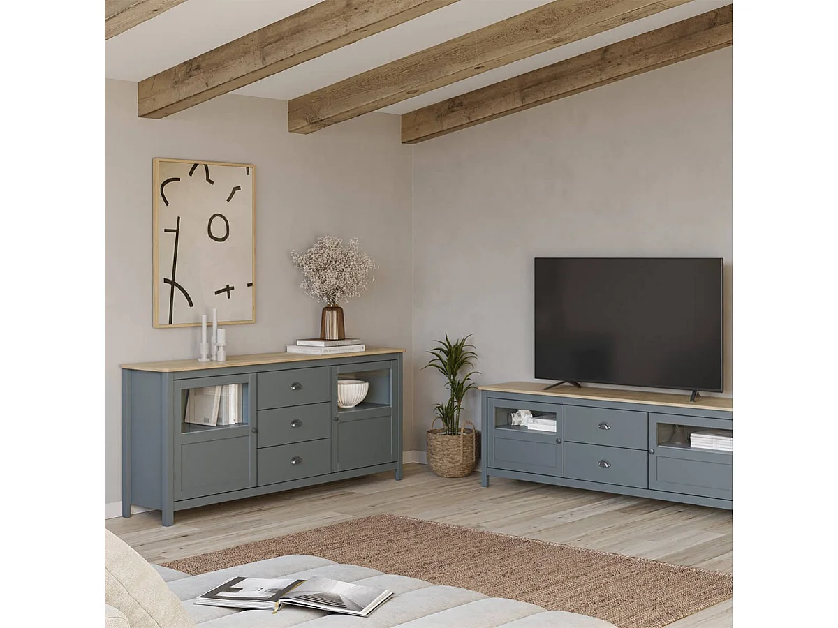 MASK - Buffet 2 Portes semi vitrées 3 Tiroirs en Pin Massif Naturel et Vert Céladon