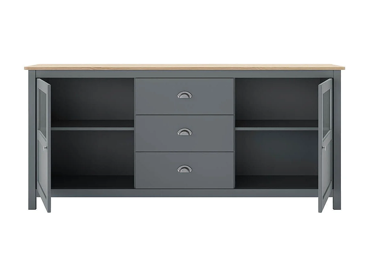 MASK - Buffet 2 Portes semi vitrées 3 Tiroirs en Pin Massif Naturel et Vert Céladon