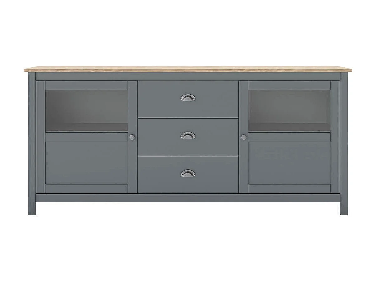 MASK - Buffet 2 Portes semi vitrées 3 Tiroirs en Pin Massif Naturel et Vert Céladon