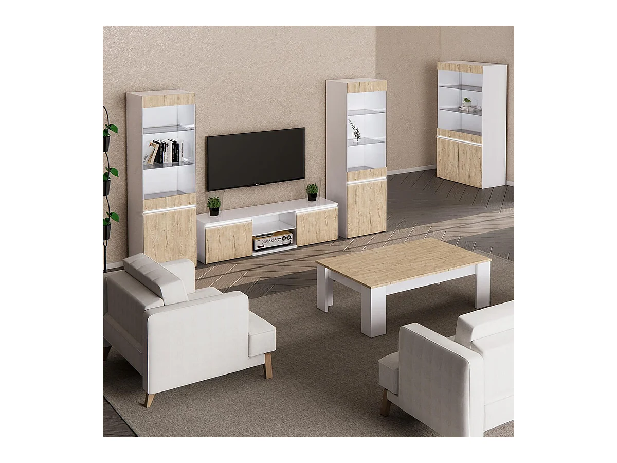 CHRIS OAK - Salon Complet avec Vitrine 2P Laqué Blanc Brillant Aspect Bois