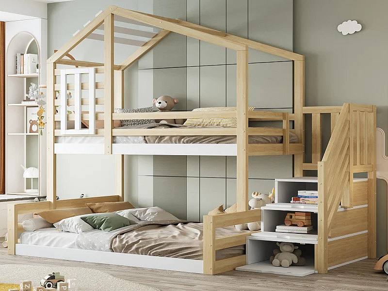 Lit superposé 90x200cm + 140x200cm en bois massif - avec barrières et escalier de rangement - Blanc & Naturel