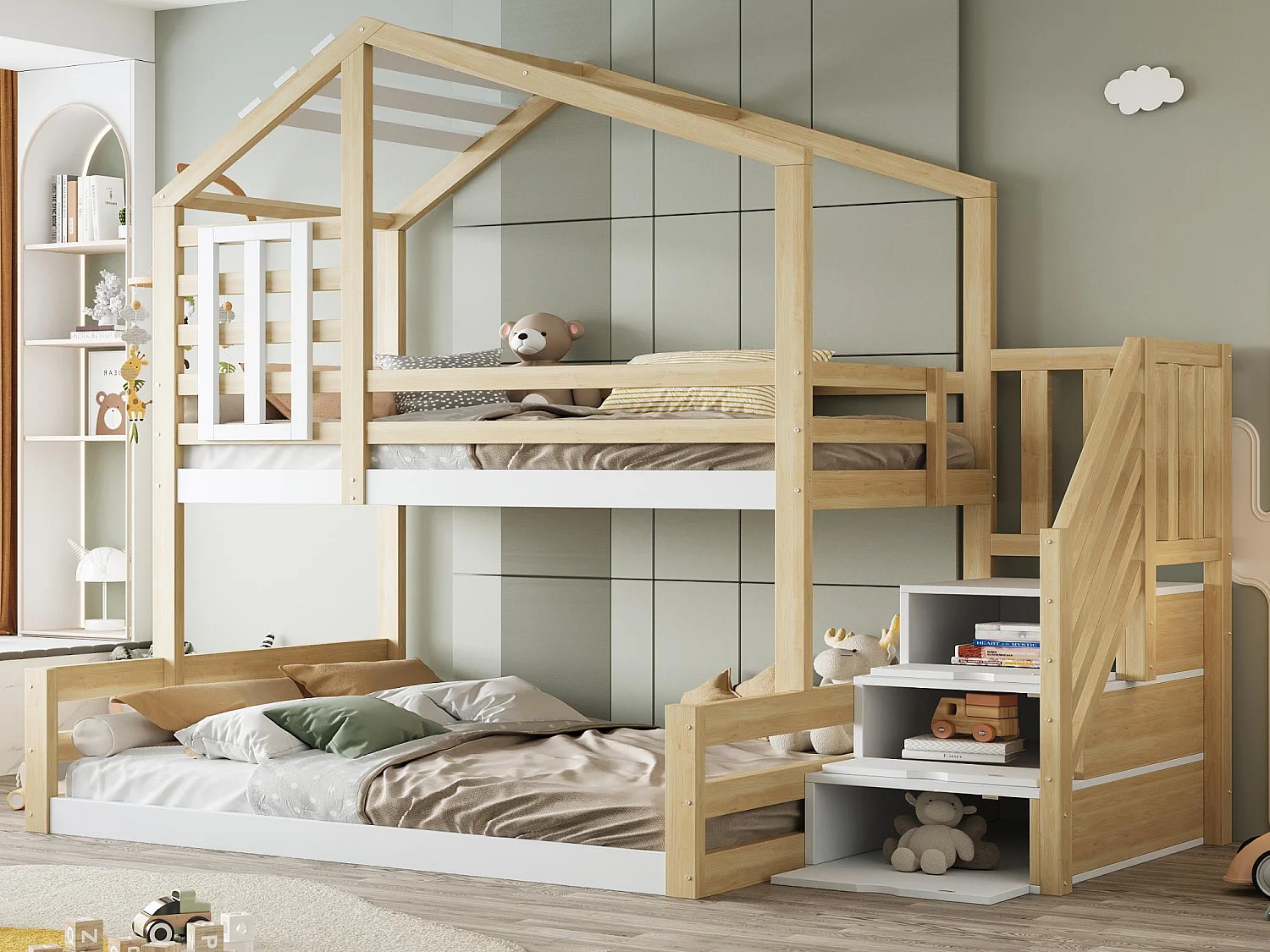 Lit superposé 90x200cm + 140x200cm en bois massif - avec barrières et escalier de rangement - Blanc & Naturel