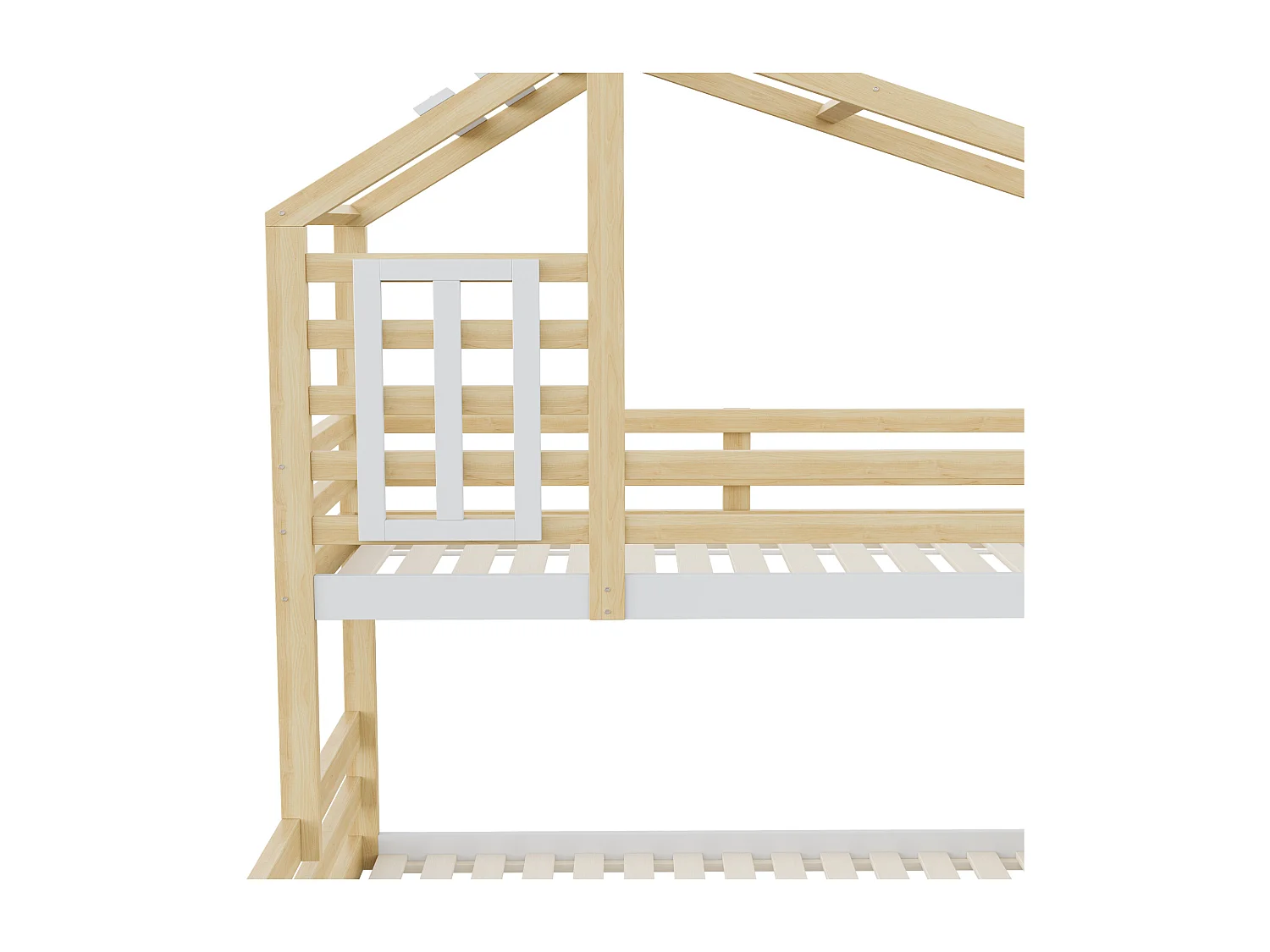 Lit superposé 90x200cm + 140x200cm en bois massif - avec barrières et escalier de rangement - Blanc & Naturel