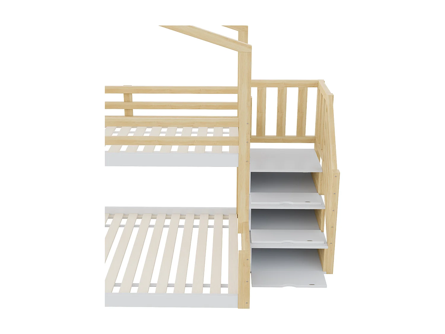 Lit superposé 90x200cm + 140x200cm en bois massif - avec barrières et escalier de rangement - Blanc & Naturel