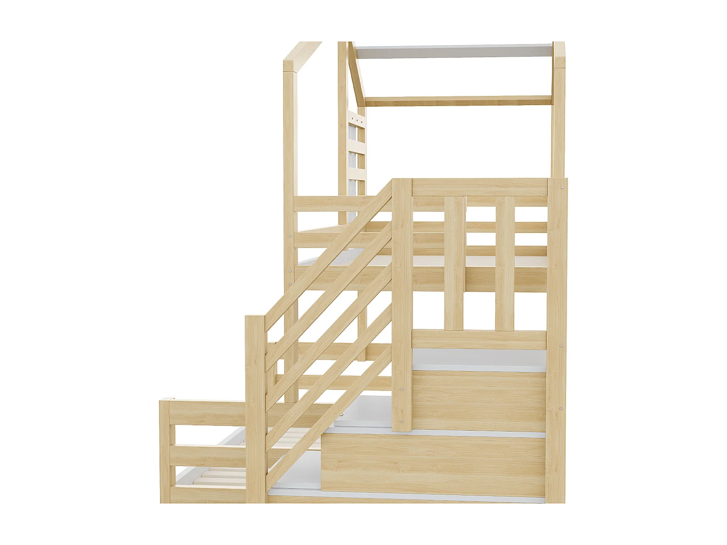 Lit superposé 90x200cm + 140x200cm en bois massif - avec barrières et escalier de rangement - Blanc & Naturel