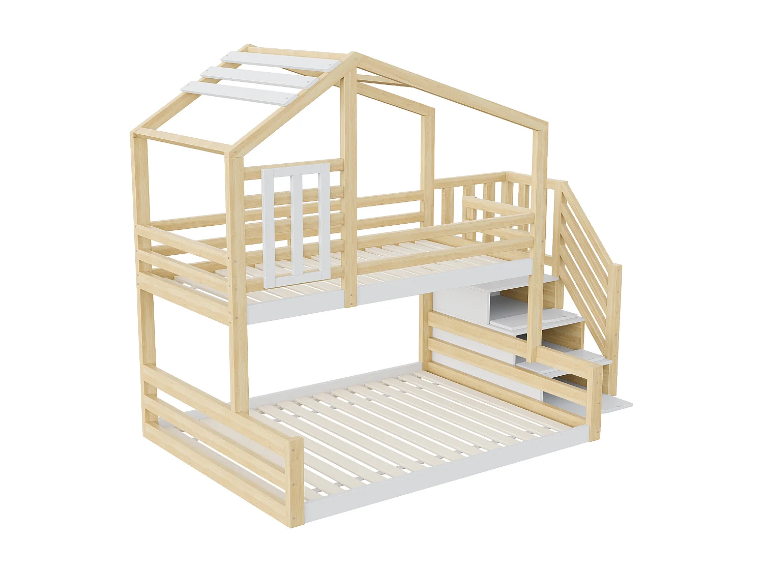 Lit superposé 90x200cm + 140x200cm en bois massif - avec barrières et escalier de rangement - Blanc & Naturel