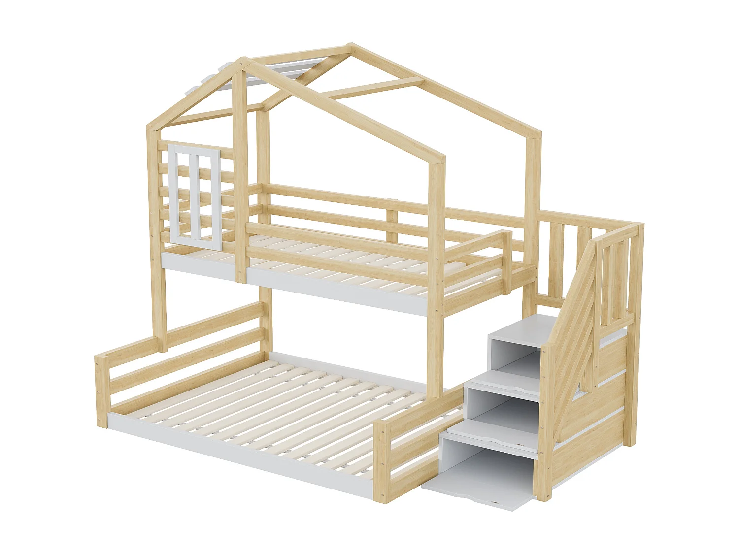 Lit superposé 90x200cm + 140x200cm en bois massif - avec barrières et escalier de rangement - Blanc & Naturel