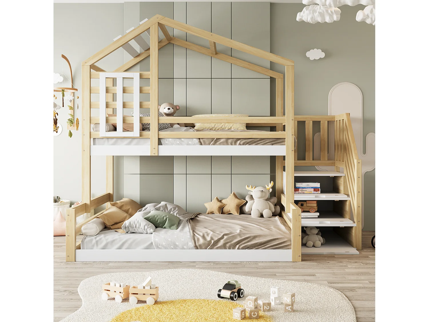 Überlappendes Bett 90 x 200 cm + 140 x 200 cm Massivholz – mit Barrieren und Aufbewahrungsleiter – Weiß und Natur