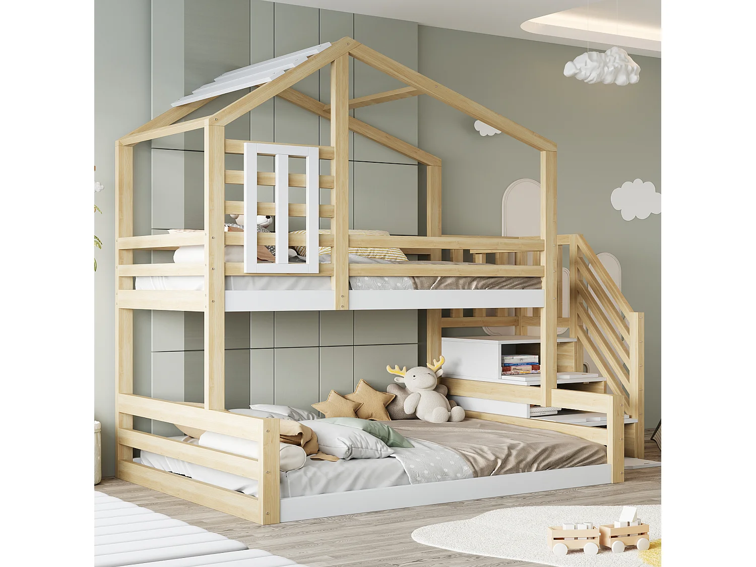 Überlappendes Bett 90 x 200 cm + 140 x 200 cm Massivholz – mit Barrieren und Aufbewahrungsleiter – Weiß und Natur