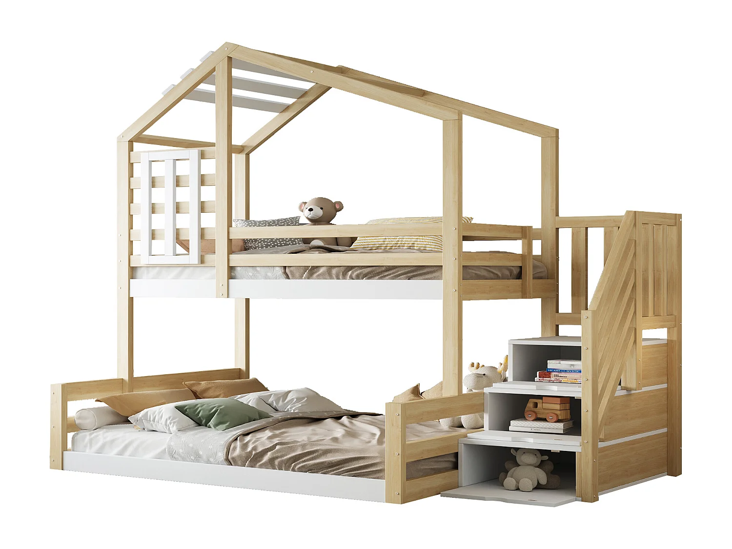 Überlappendes Bett 90 x 200 cm + 140 x 200 cm Massivholz – mit Barrieren und Aufbewahrungsleiter – Weiß und Natur