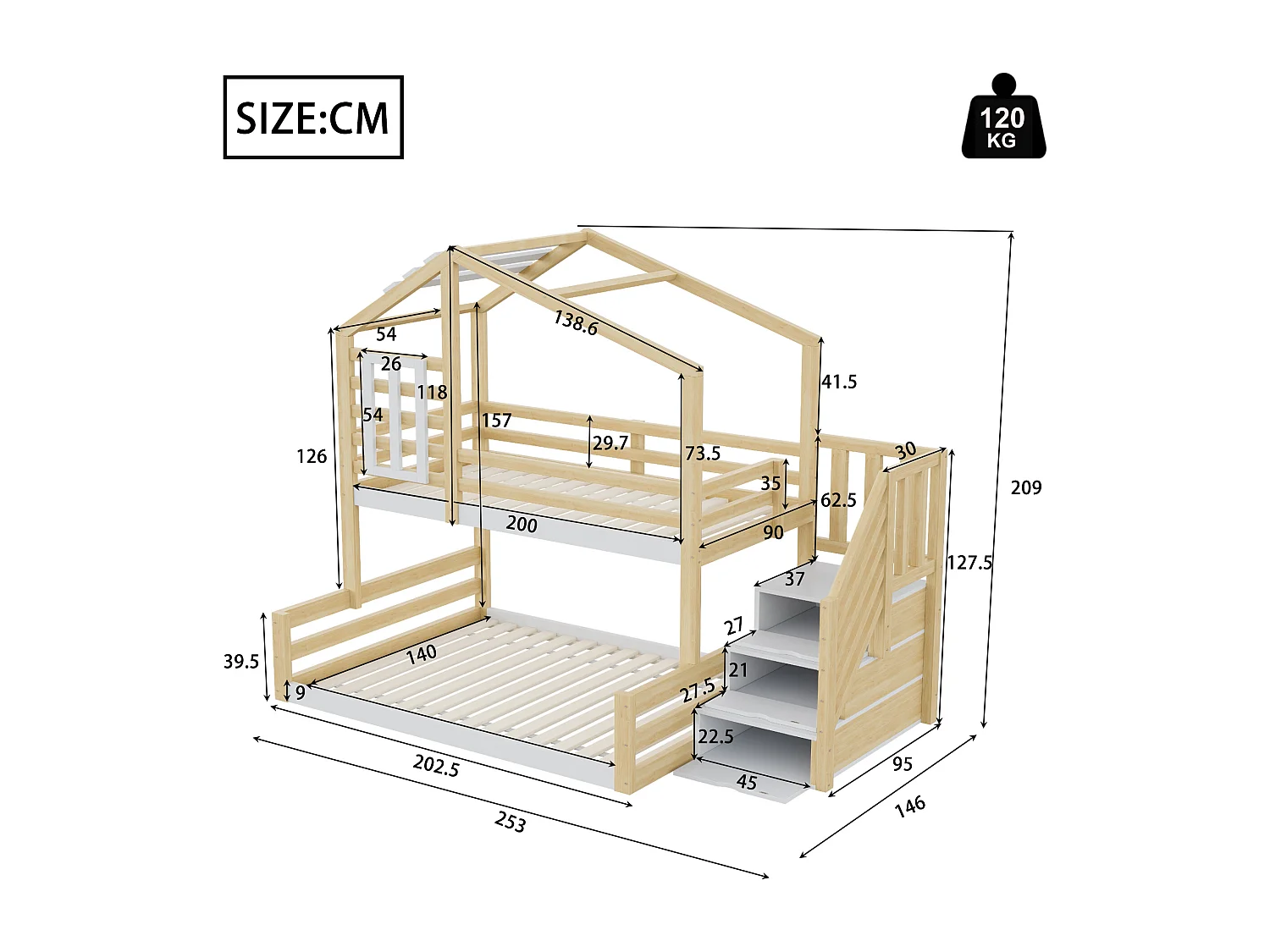 Überlappendes Bett 90 x 200 cm + 140 x 200 cm Massivholz – mit Barrieren und Aufbewahrungsleiter – Weiß und Natur