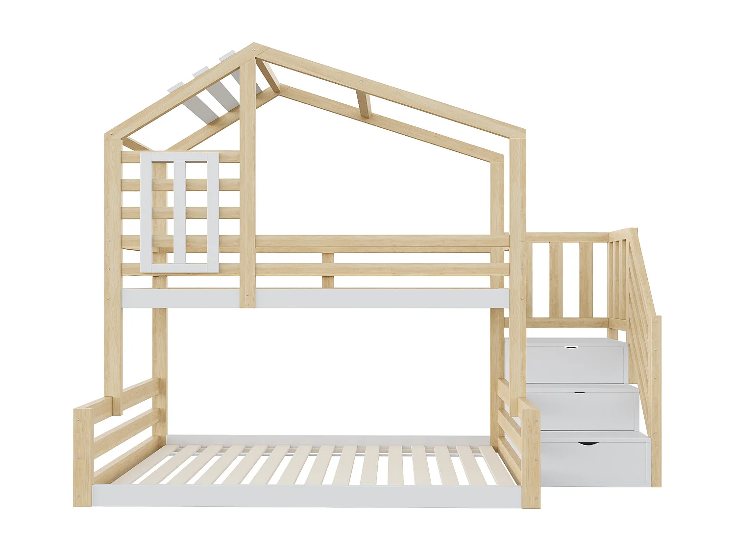 Lit superposé 90x200cm + 140x200cm en bois massif - avec barrières et escalier de rangement - Blanc & Naturel