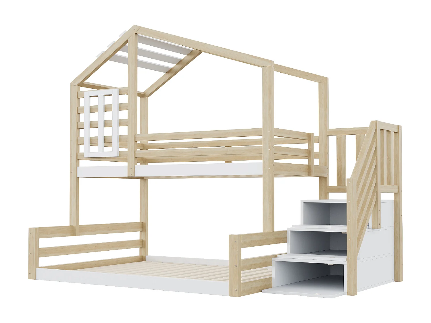Lit superposé 90x200cm + 140x200cm en bois massif - avec barrières et escalier de rangement - Blanc & Naturel