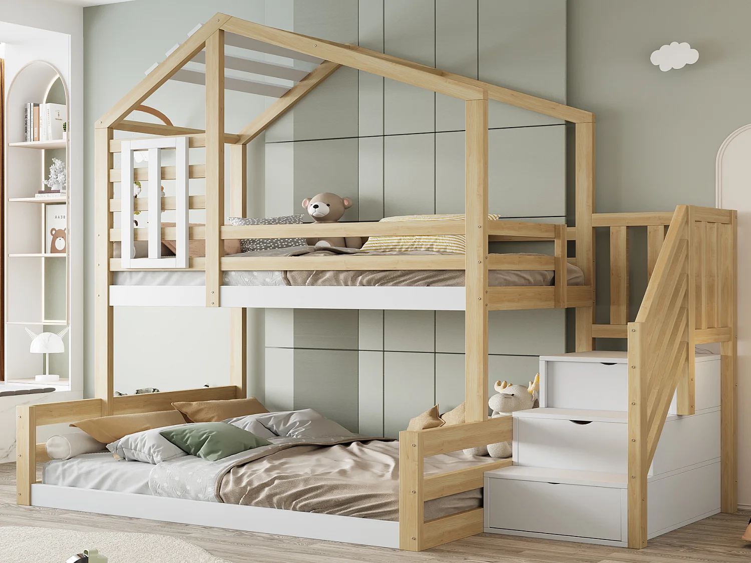 Lit superposé 90x200cm + 140x200cm en bois massif - avec barrières et escalier de rangement - Blanc & Naturel