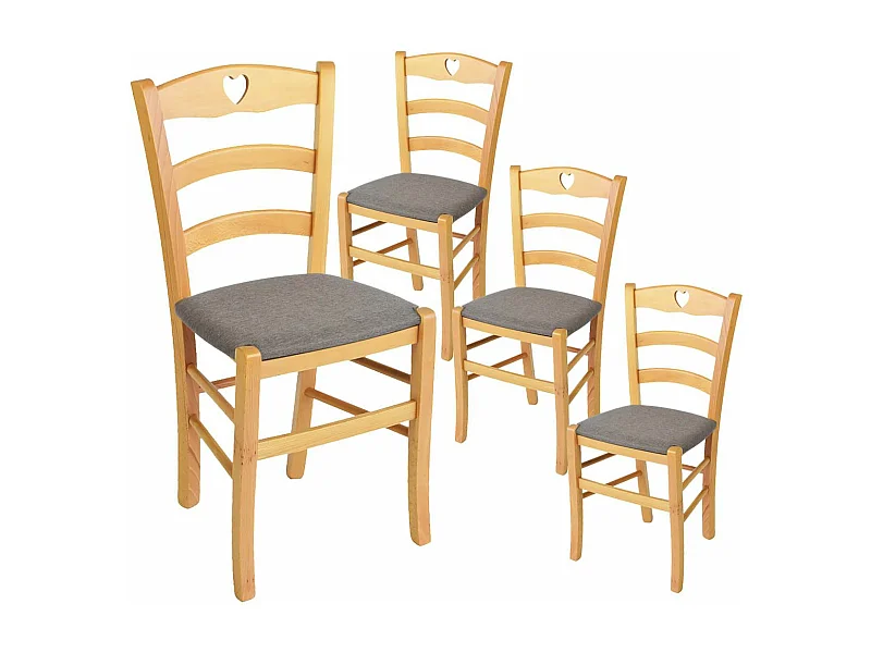 NAPLES - Lot de 4 Chaises Naturelles et Assises en Tissu Chiné Gris