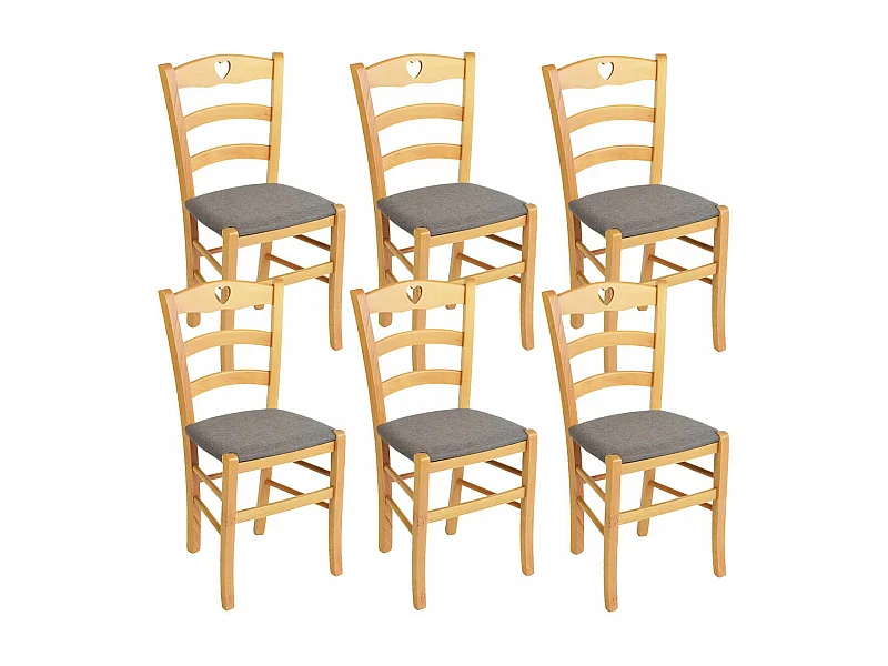 NAPLES - Lot de 6 Chaises Naturelles et Assises en Tissu Chiné Gris