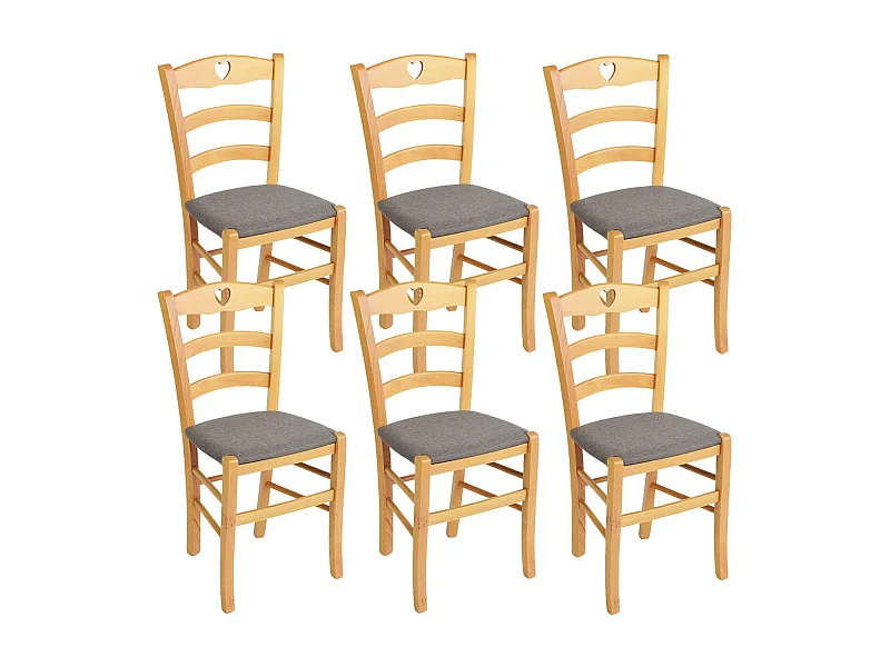 NAPLES - Lot de 6 Chaises Naturelles et Assises en Tissu Chiné Gris