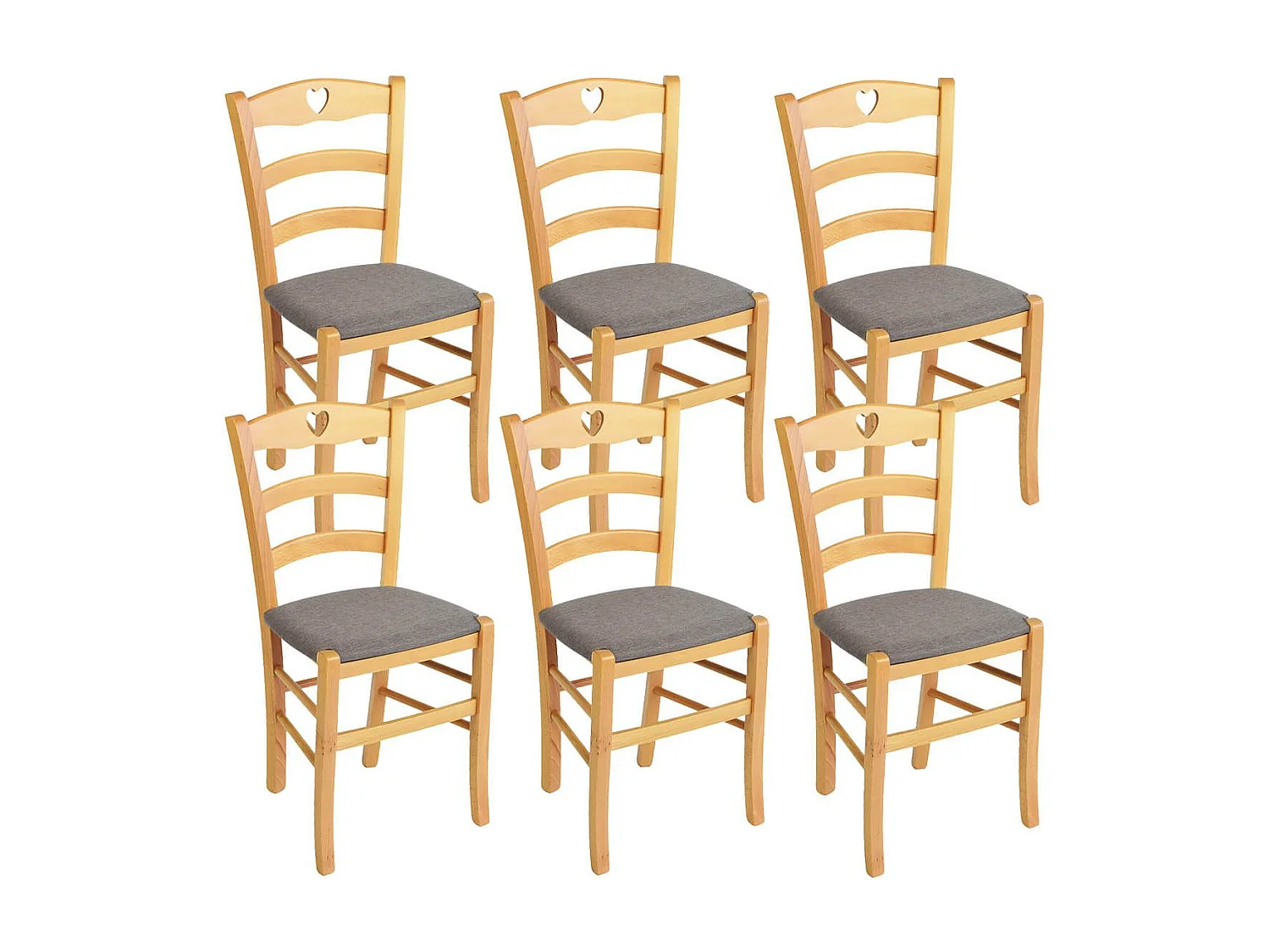 NAPLES - Lot de 6 Chaises Naturelles et Assises en Tissu Chiné Gris