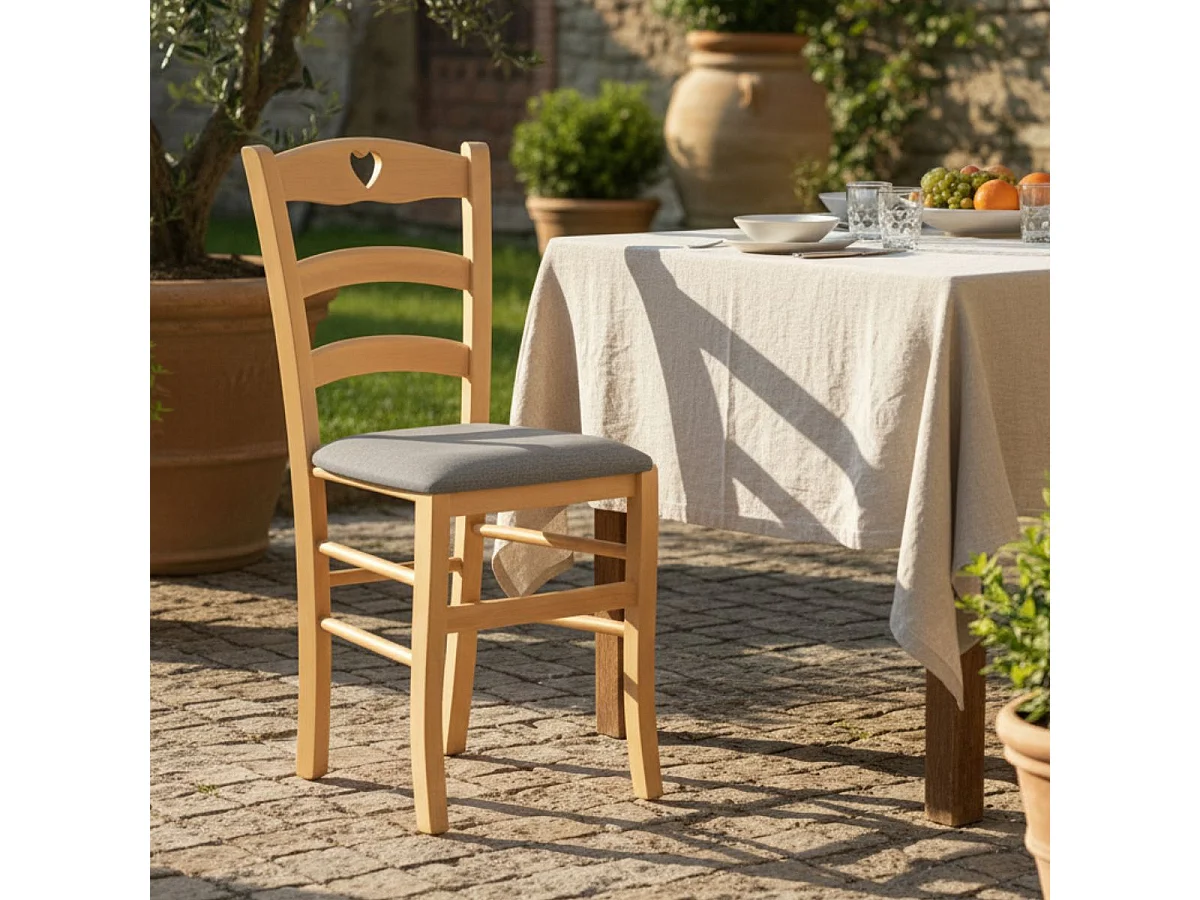 NAPLES - Lot de 6 Chaises Naturelles et Assises en Tissu Chiné Gris