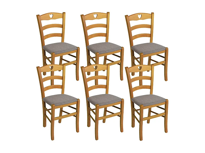 NAPLES - Lot de 6 Chaises Teinté Chêne  et Assises en Tissu Chiné Gris