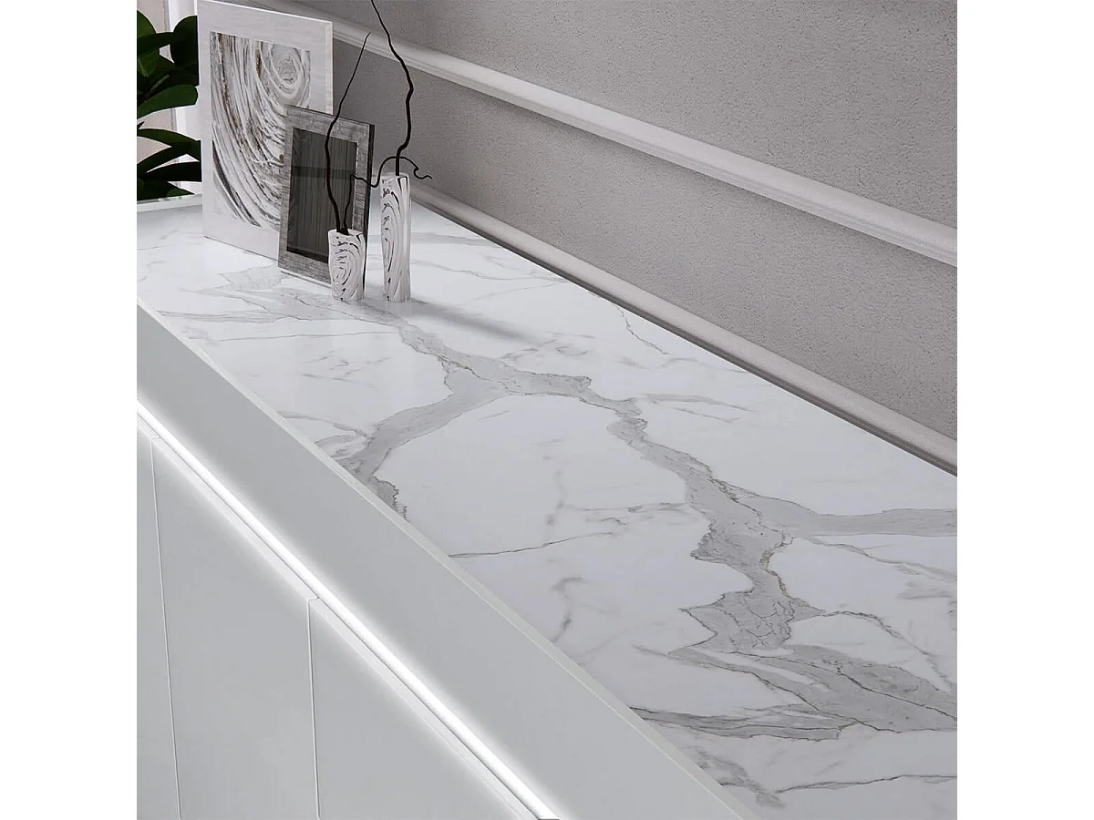 CHRIS WHITE - Séjour Table + Buffet Laqué Blanc Brillant et Imitation Marbre