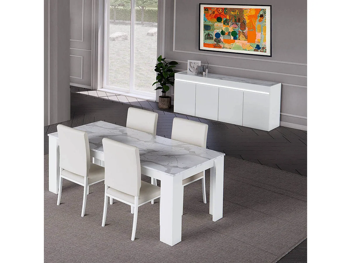 CHRIS WHITE - Séjour Table + Buffet Laqué Blanc Brillant et Imitation Marbre