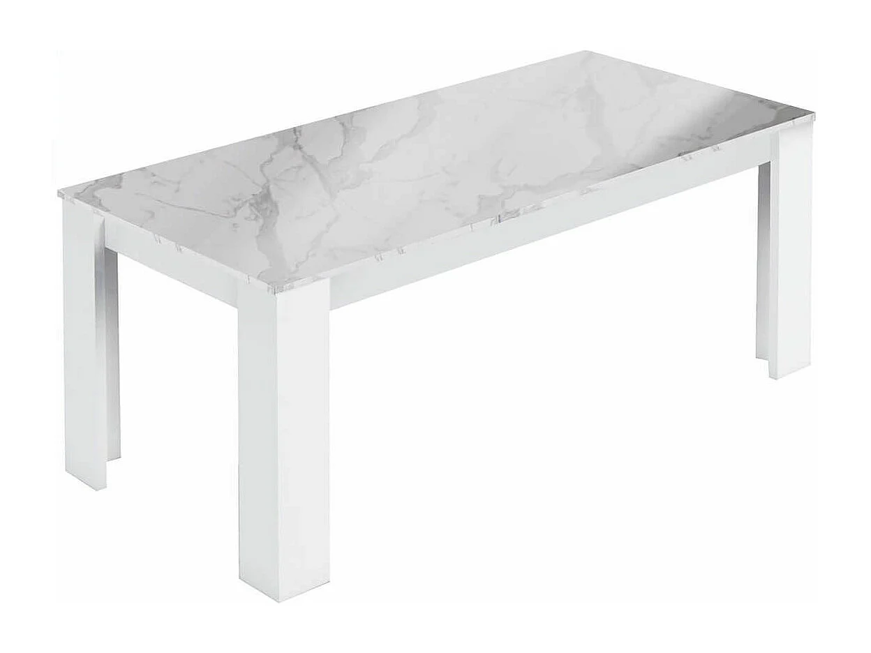 CHRIS WHITE - Séjour Table + Buffet Laqué Blanc Brillant et Imitation Marbre