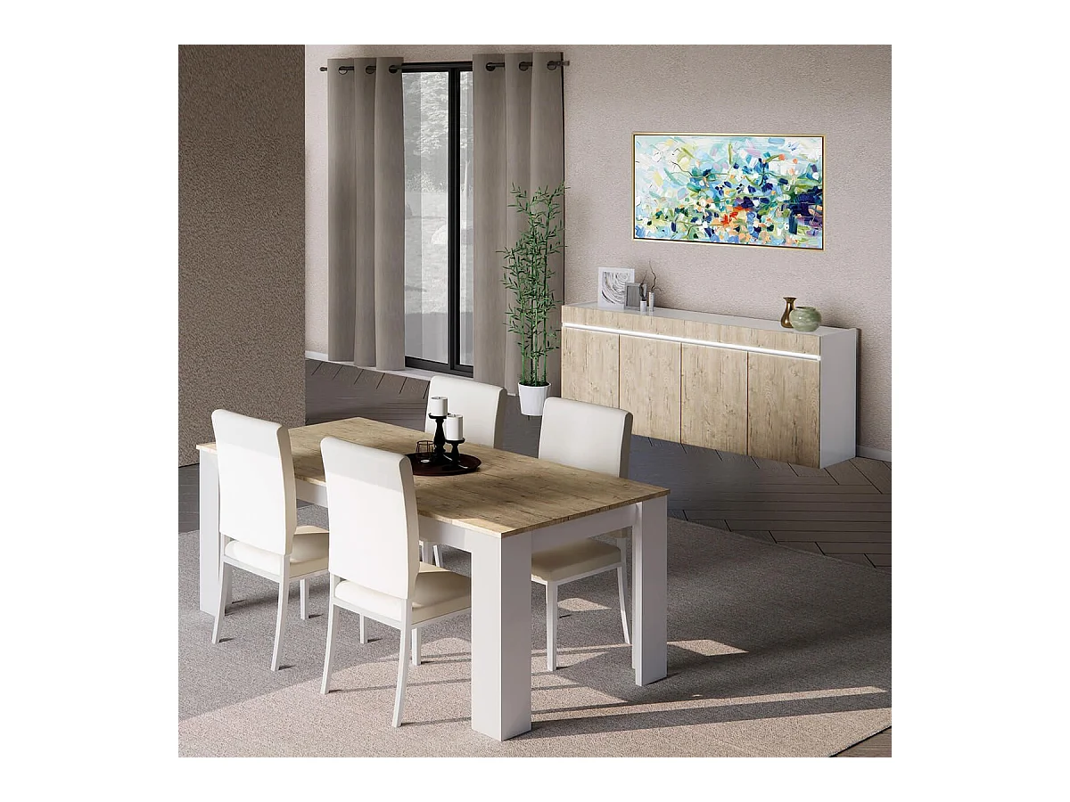 CHRIS OAK - Séjour Table + Buffet Laqué Blanc Brillant Aspect Bois