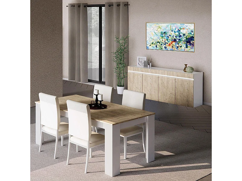 CHRIS OAK - Séjour Table + Buffet Laqué Blanc Brillant Aspect Bois
