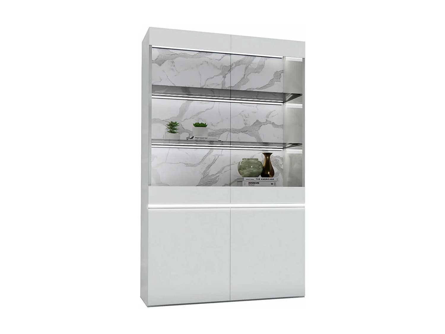 CHRIS WHITE - Séjour Complet avec Vitrine 2P Laqué Blanc Brillant et Imitation Marbre