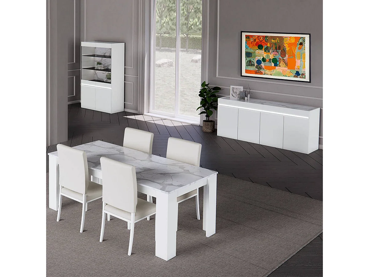 CHRIS WHITE - Séjour Complet avec Vitrine 2P Laqué Blanc Brillant et Imitation Marbre