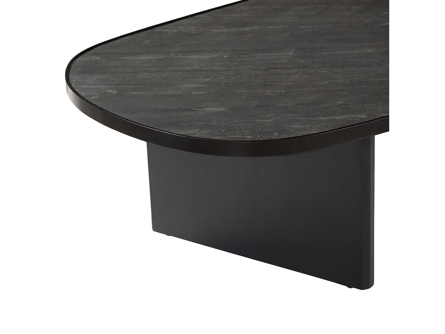 Tavolino basso ovale in legno di mango e impiallacciatura in pietra,