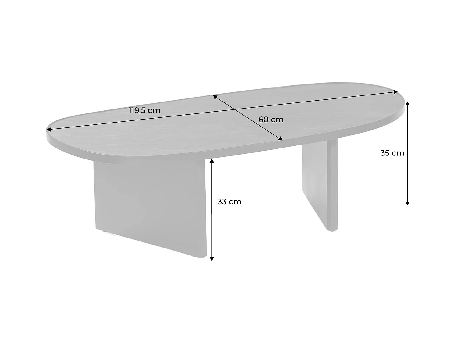 Tavolino basso ovale in legno di mango e impiallacciatura in pietra,